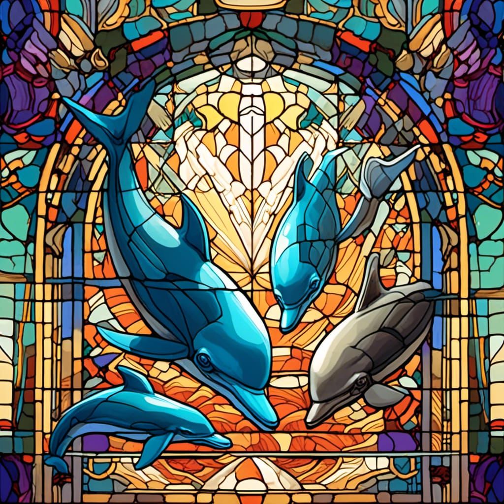 Dolphins in a stained glass creation in art deco style.