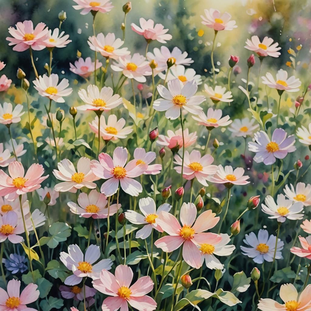 Close-Up of Watercolor Flowers in Impressionist Style