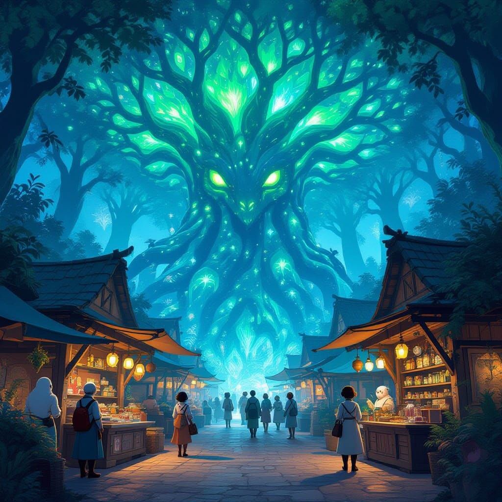 A vibrant, bustling marketplace in a city built within a colossal, bioluminescent forest. Strange creatures and vendors offer exotic wares u...