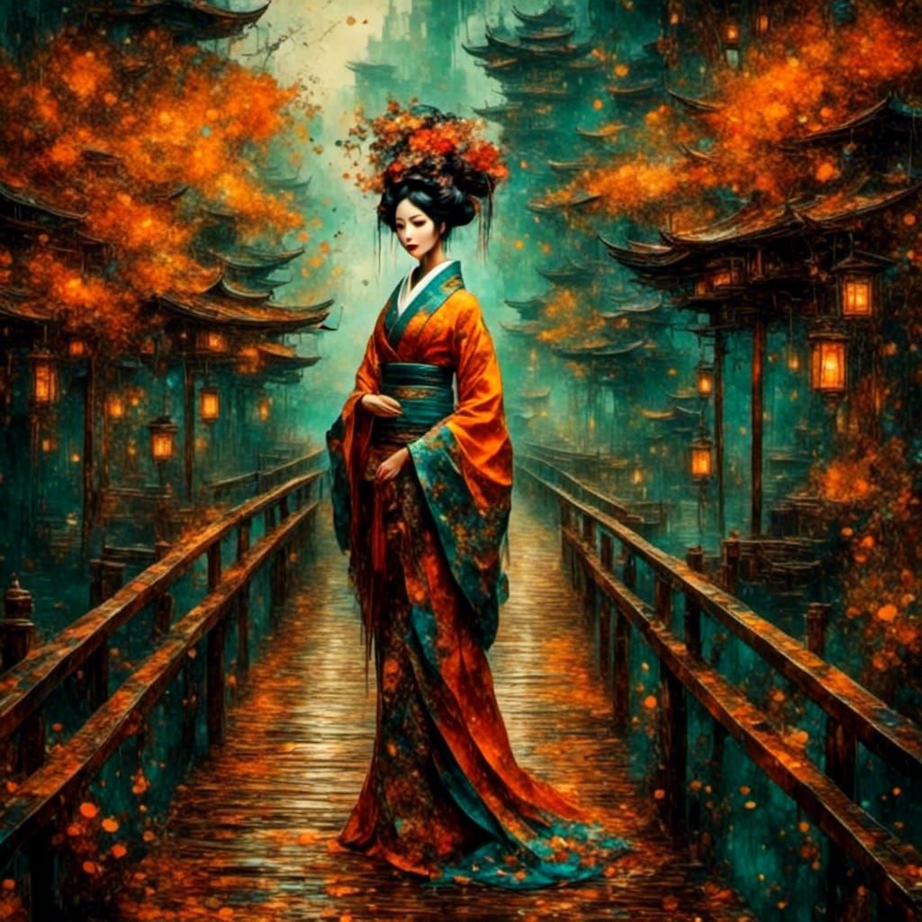 Beautiful Geisha on a Wooden footbridge. <lora:Asian android...