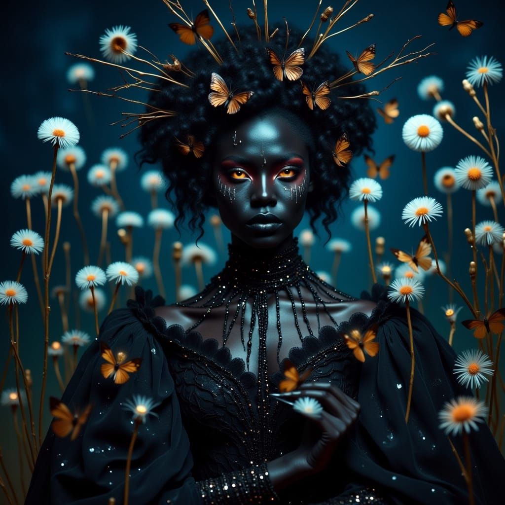 Celestial Queen in Baroque Gown Under Art Deco Dandelions