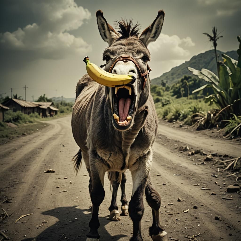 Yelling donkey with a banana