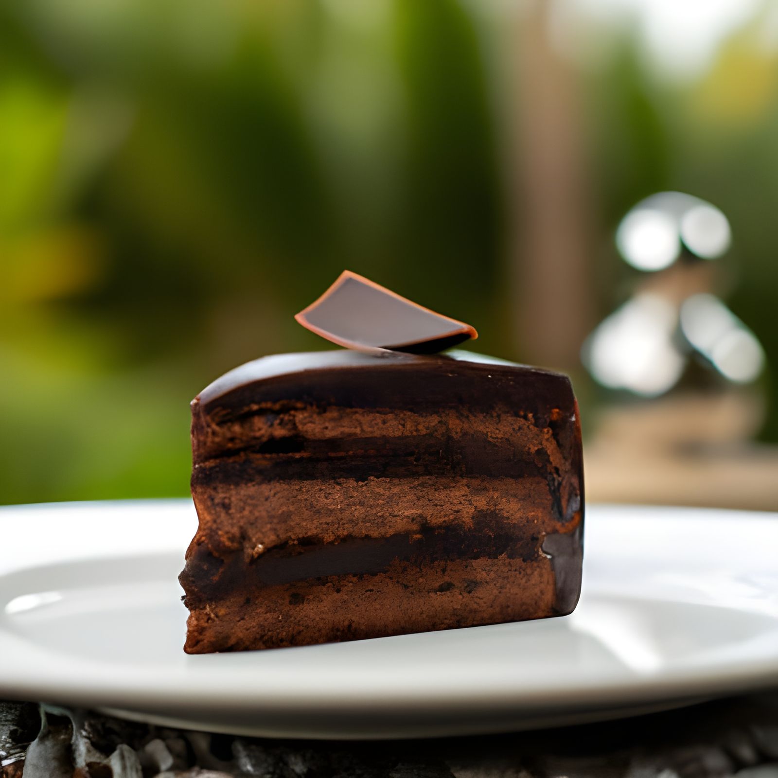 Un trozo de pastel de chocolate servido en una mesa elegante. undefined