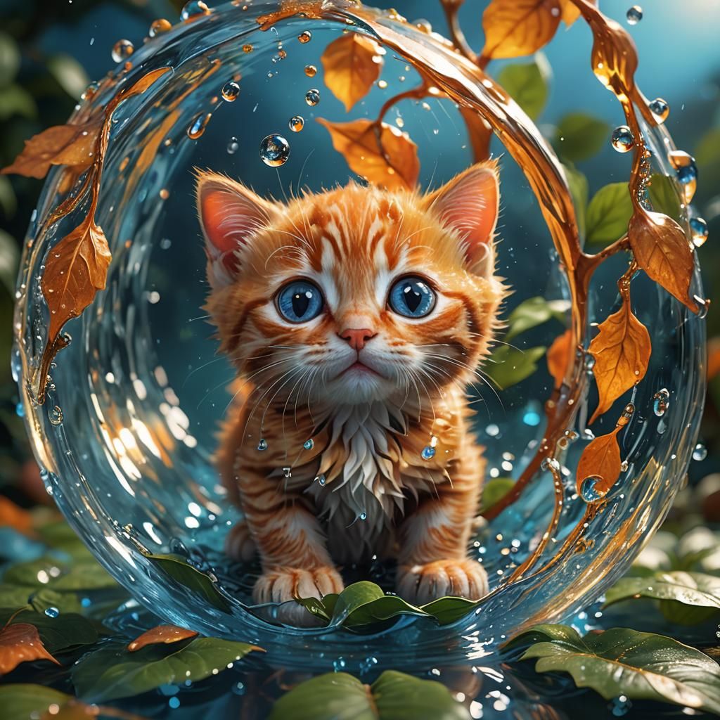Ginger Kitten Trapped in Water Droplet: Fantasy Art