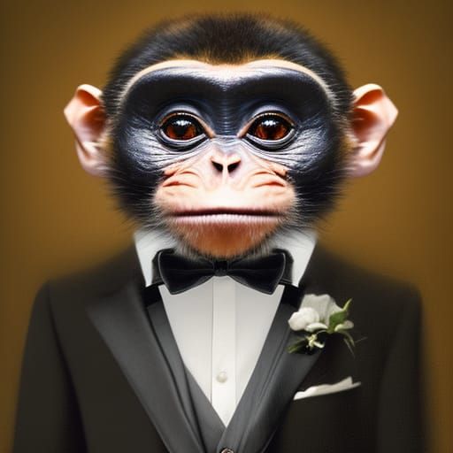 "monkey wearing tuxedo"