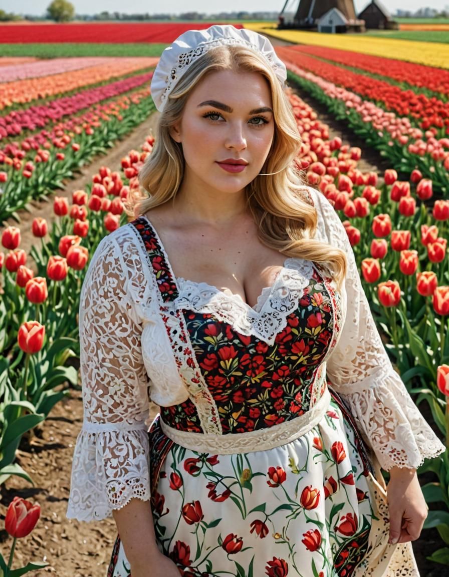 Dutch Beauty in Tulip Field: 8K Digital Art