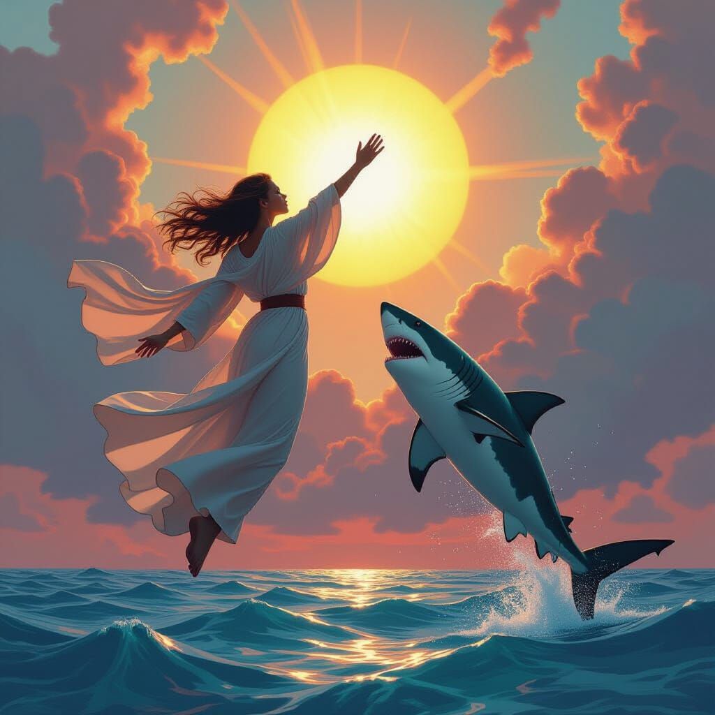 Hand Grasping Shark Ascending to Sun, Hyperrealistic Style