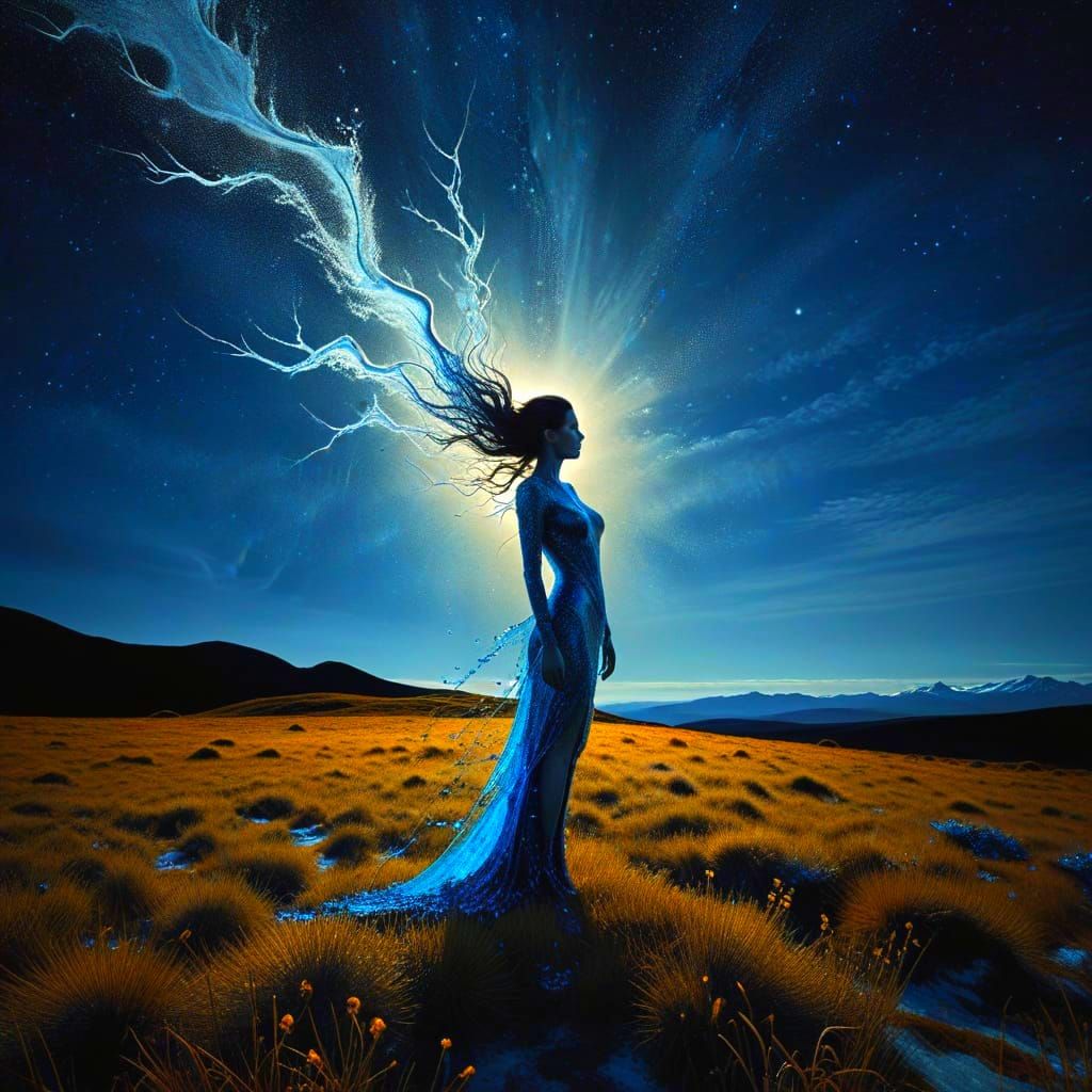 Surrealistic Fantasy Landscape with Elegantly Dressed Female...