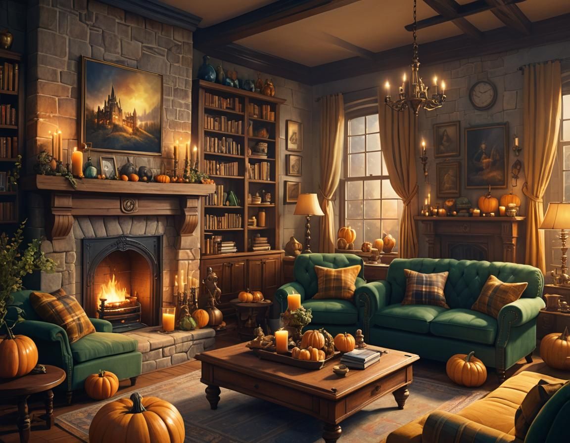 the living room is decorated in the style of Hogwarts, with a mustard-colored sofa with a plaid in the Scottish style, there is a fireplace....