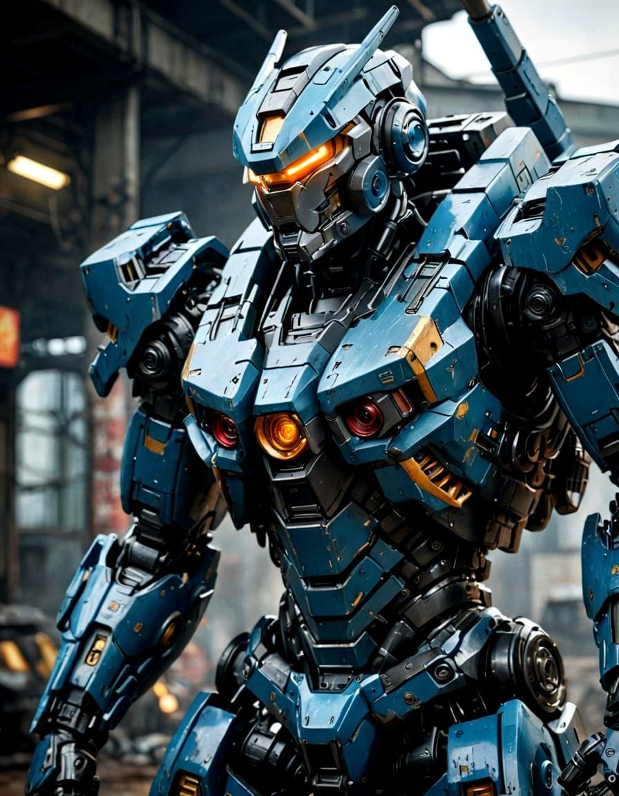 A realistic portrait of Mecha, fight background, cinematic color tones, detailed scene, real image  by @Quebra