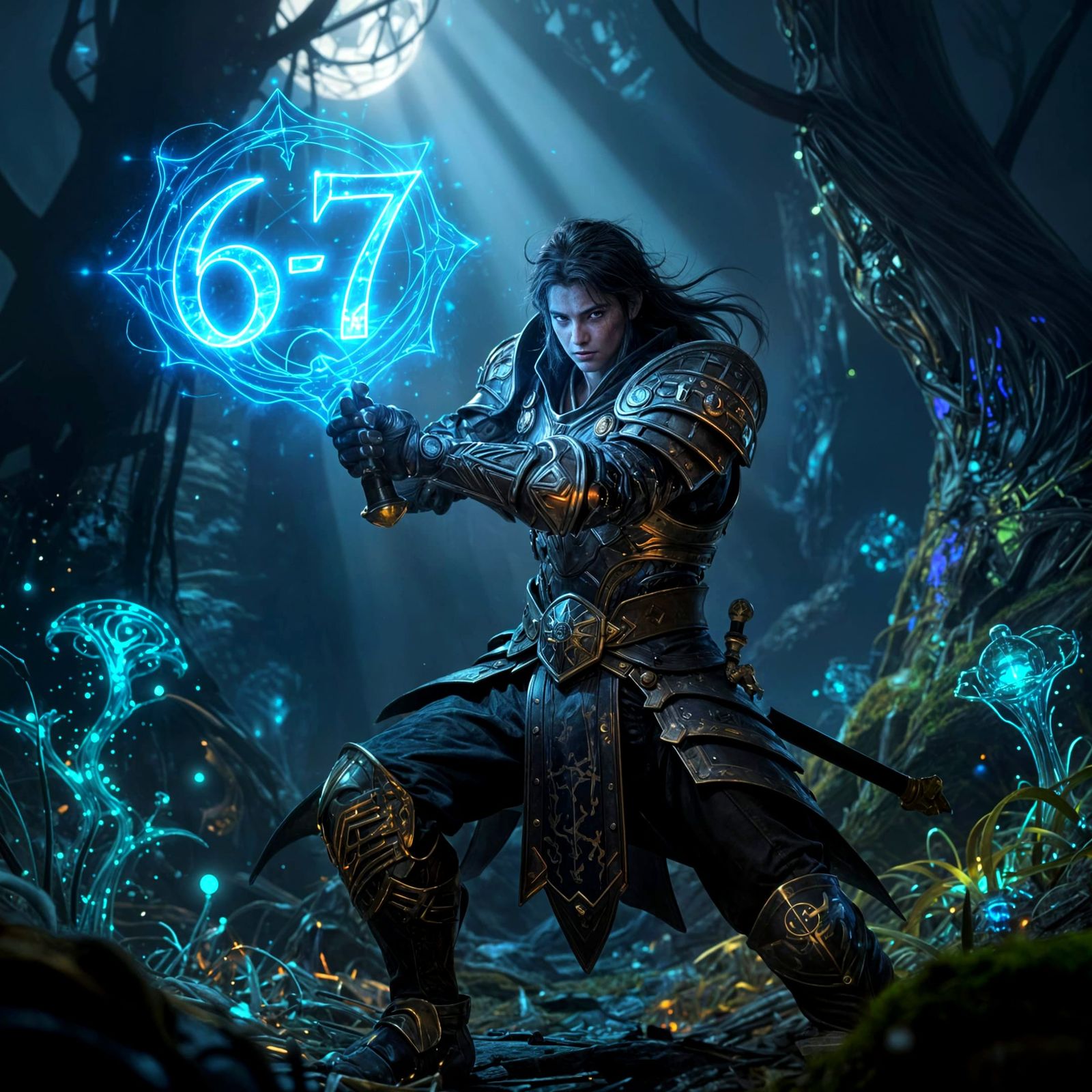 A character holding a glowing 6-7 sign with no explanation  by @Quebra