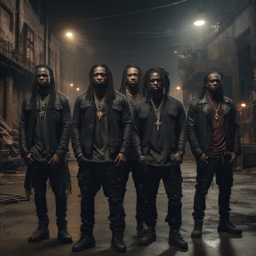 Industrial Night Scene with Men in Distressed Clothing