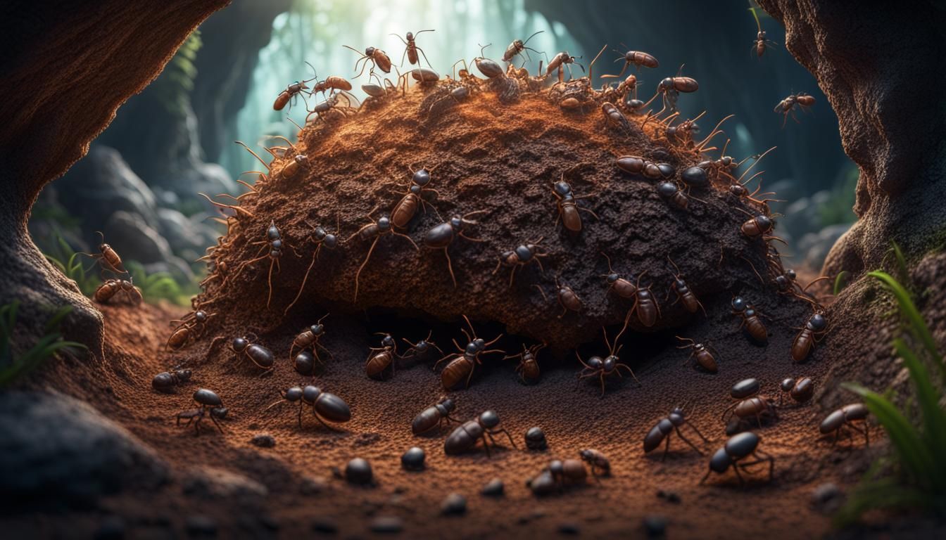 underground image of a anthill with ants and other bugs