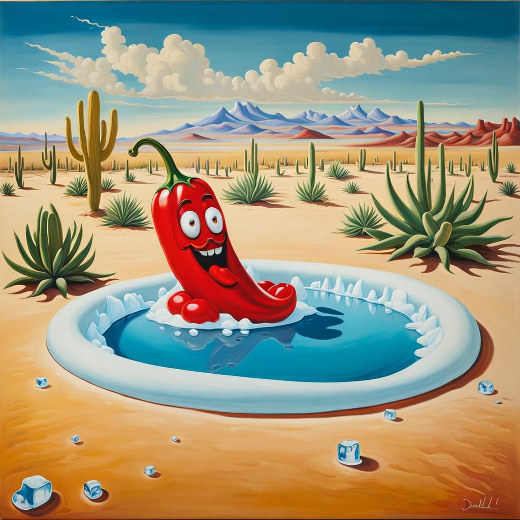 The oversized, cartoonish chili pepper character relaxes in ...