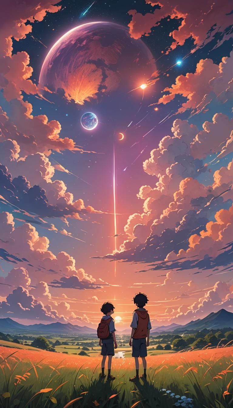 A young anime-style boy standing in a field, looking up at a colorful, fantastical night sky with a glowing planet or celestial body in the...