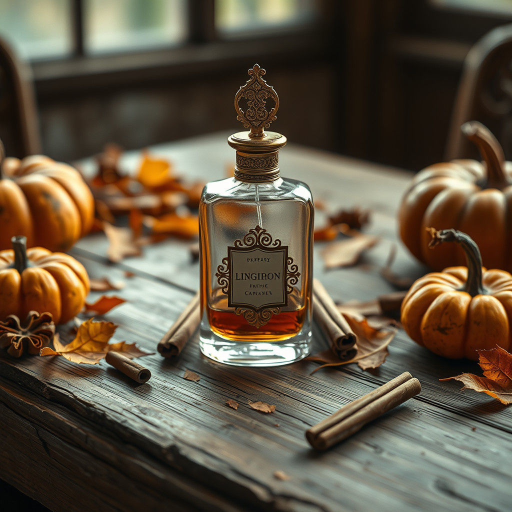 A cozy scene of a perfume bottle on a wooden table surrounde...