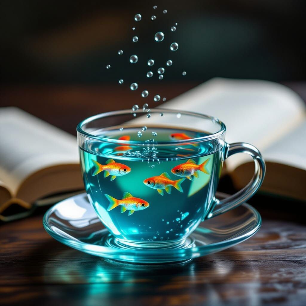 Colorful Fish Swim in Teacup with Bubbles