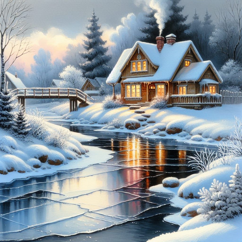 A cozy cottage sits peacefully beside a partially frozen str...