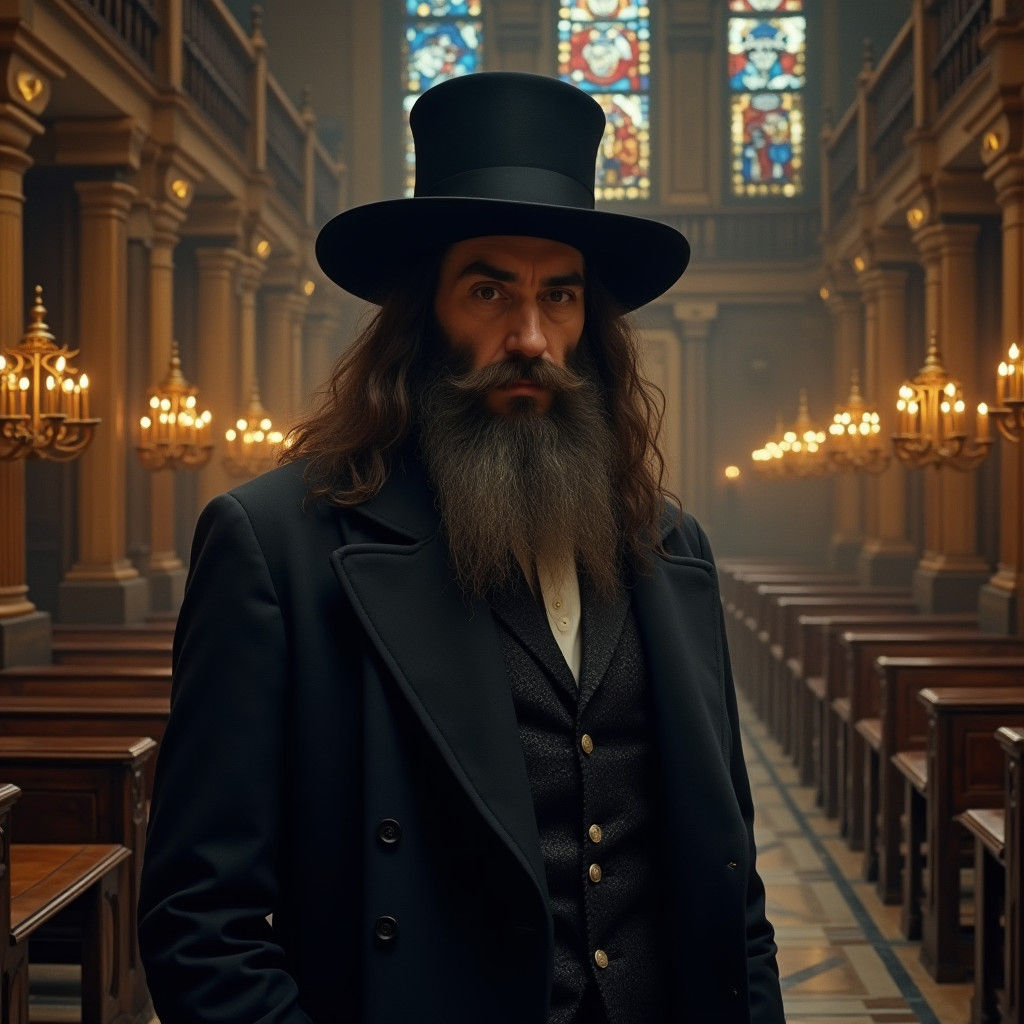 Mystical Hasidic Rabbi in an Atmospheric Synagogue