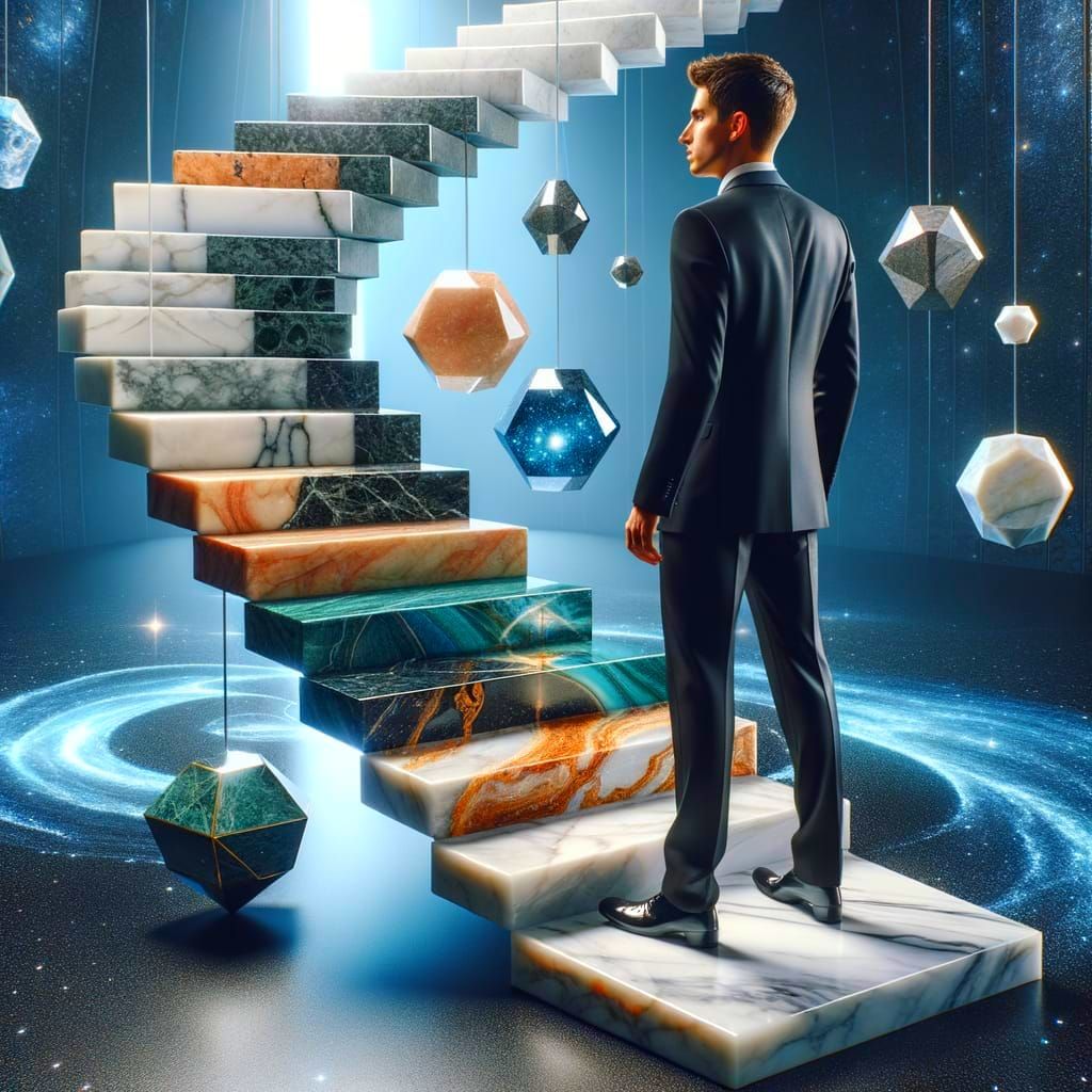 Man at Start of Marble Staircase to Light