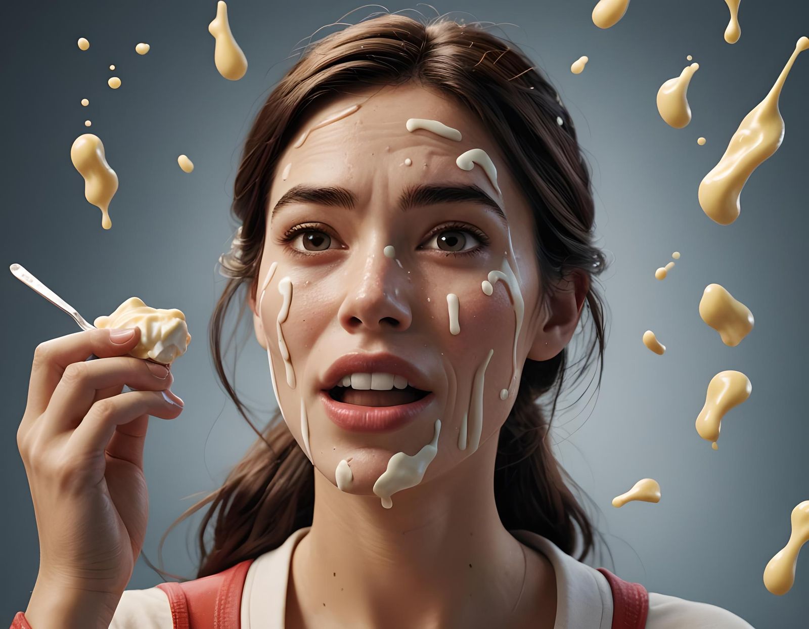 A woman in disney/pixar style advertisement, with mayonnaise dripping ...