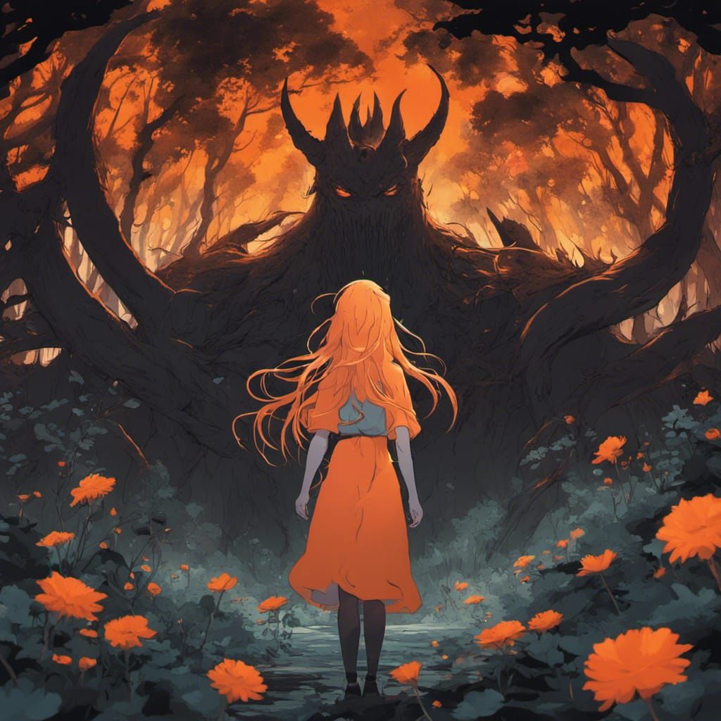 serious woman long bright orange hair fantasy saint with lar...