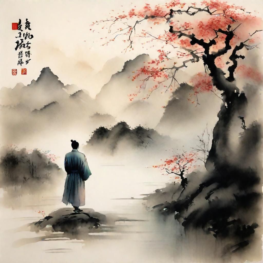 Serene Mountain Path: Chinese Ink Painting