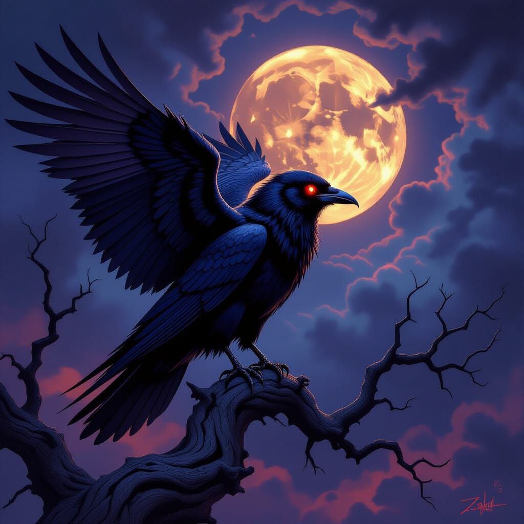 Crow Demon Perched on Ancient Tree in Stormy Night