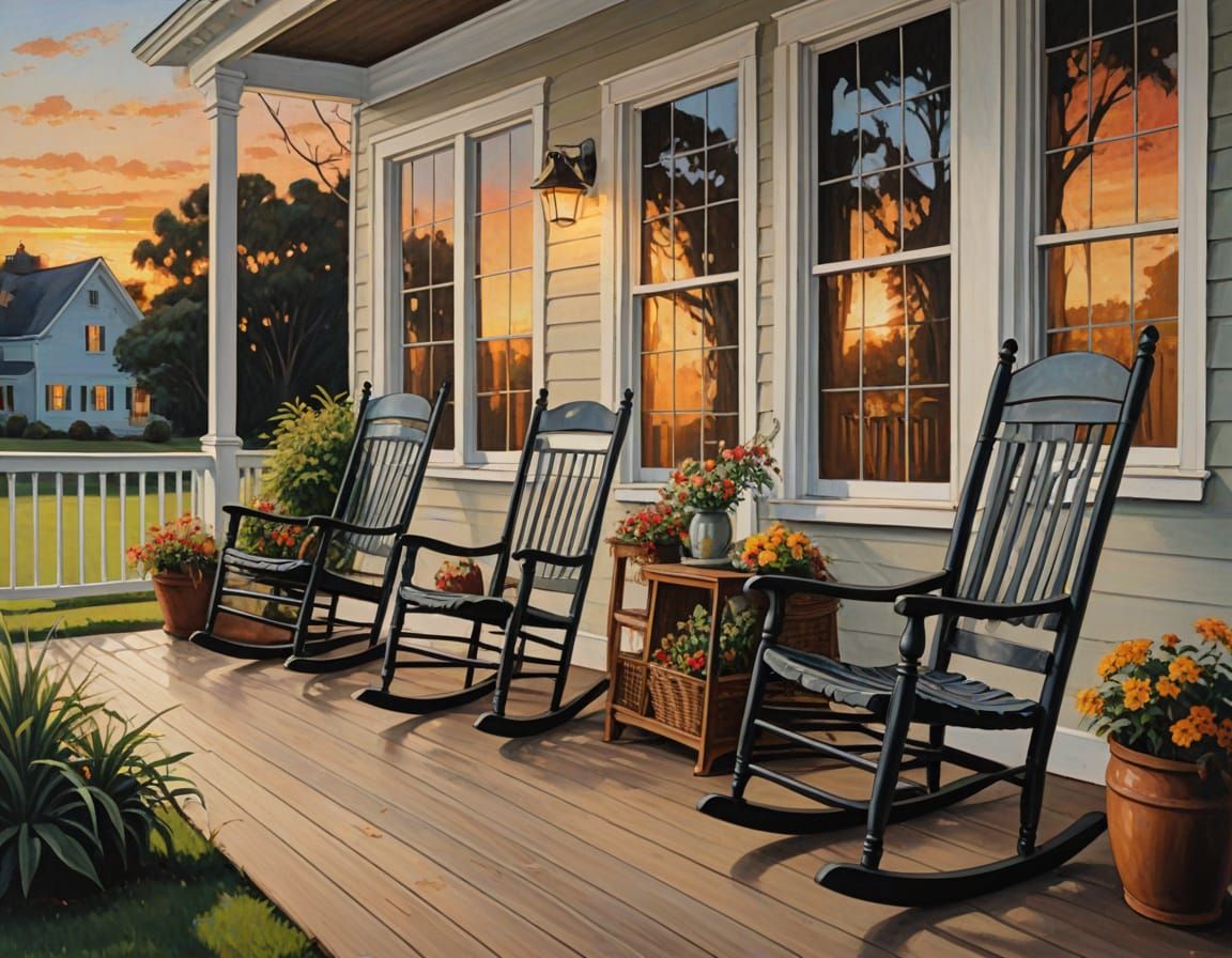 A Front Porch with a set of rocking chairs at sunset, oil on canvas  by @Troxley
