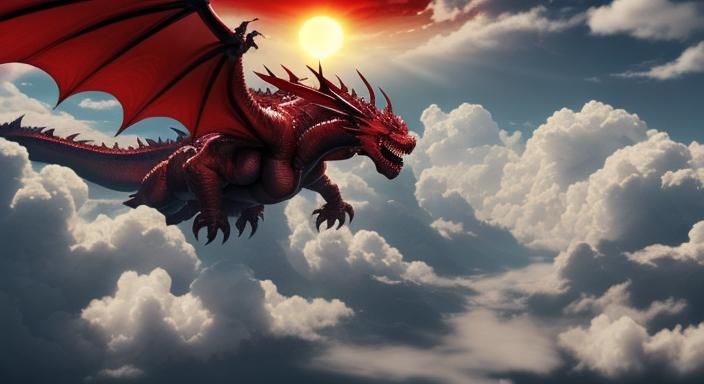 huge dragon in the clouds with sun shining on it  with huge ...
