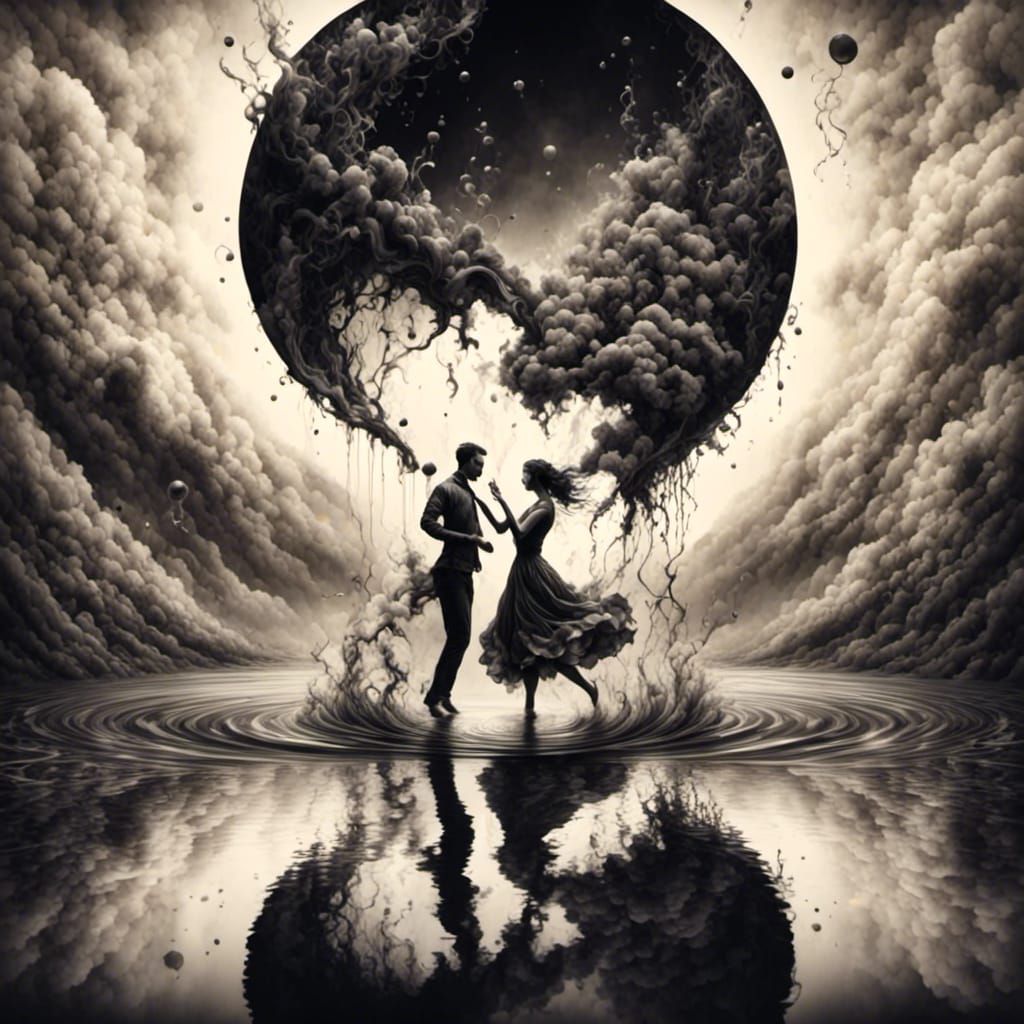 A couple is dancing on a water drop at night