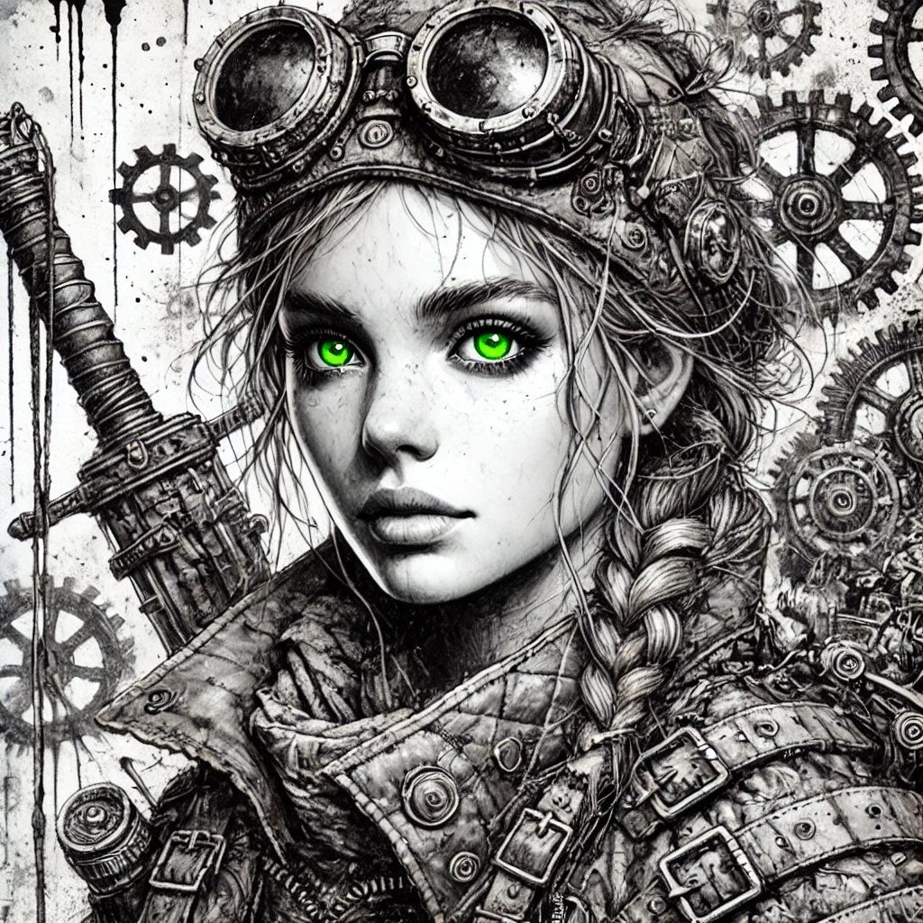 Gritty Green-Eyed Steampunk Adventurer | DALL-E 3 AI image p...