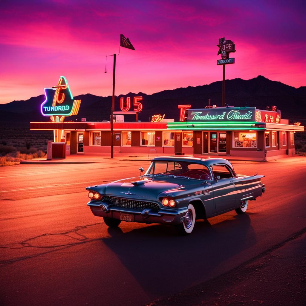 Rt 66 Neon Signs along the side of the road, Thunderbird Motel ...