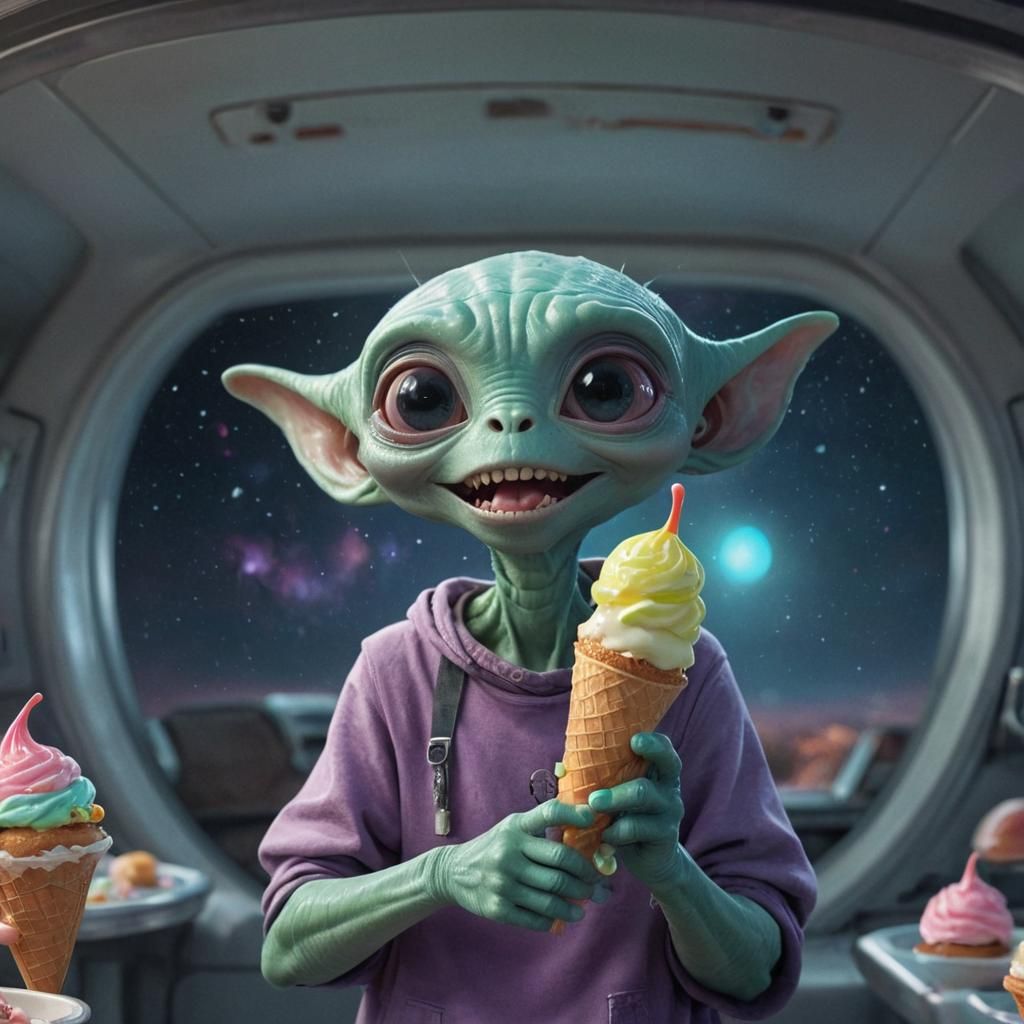 1 cute, humanoid alien in a UFO with one hand while holding 1 colorful ice cream cone . The alien has ...  by @Kaichan