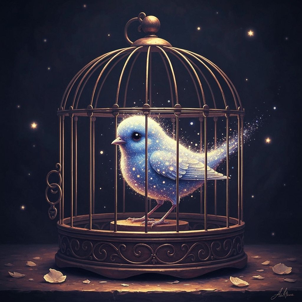 Ornate Bird Cage with Stardust Bird, Oil Painting