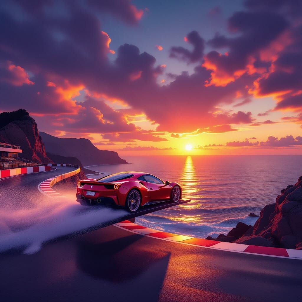 Red Ferrari Leaps from Springboard in Sunset Race