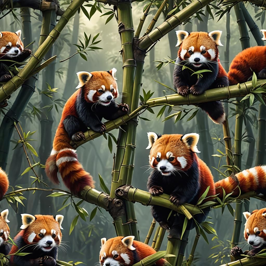   red pandas eating bamboo