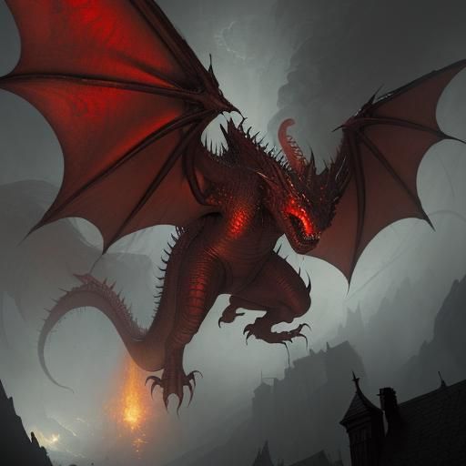 Red Dragon, flying, breathing fire, massive