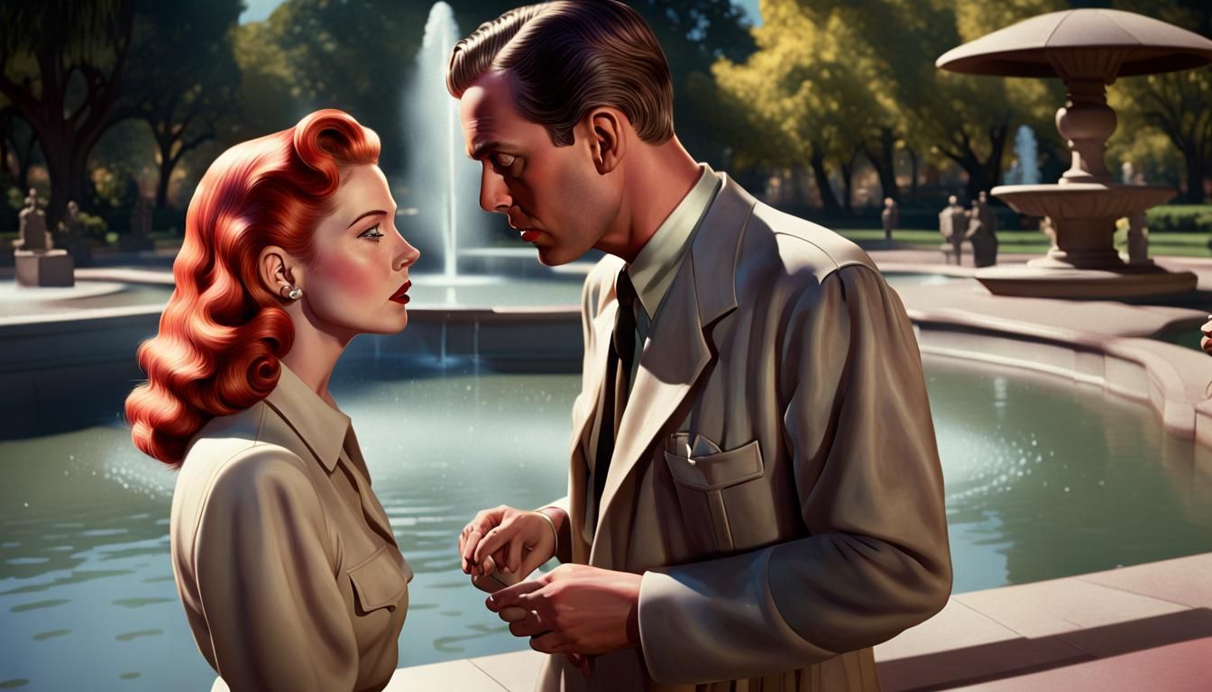 Private detective Philip Marlowe talks to a red-haired woman...