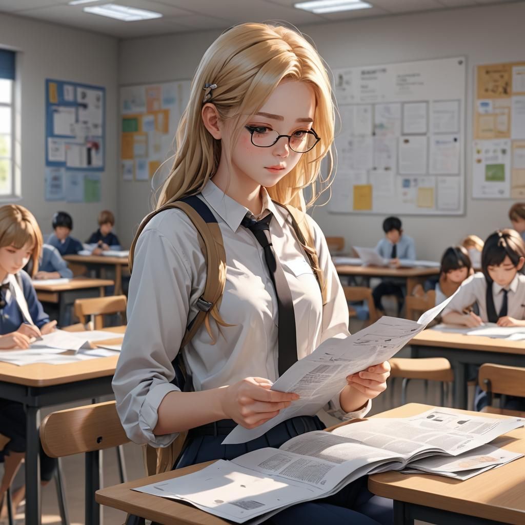 A beautiful 15-year-old, blond  college student reading some...