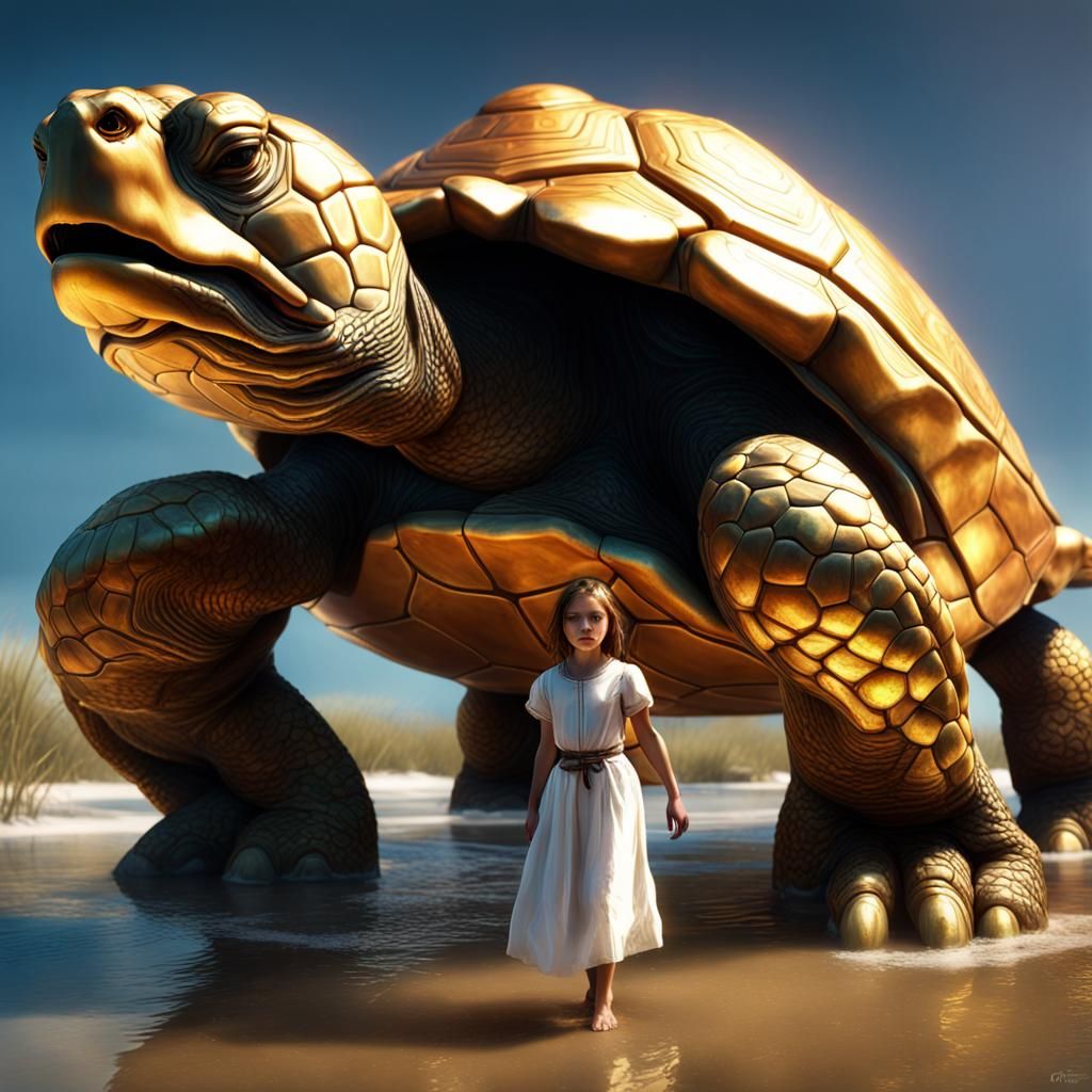 A girl is pulled by a big golden turtle, and then the whole ...