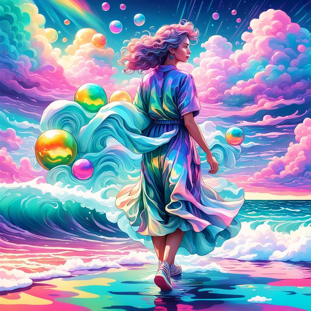 Vaporwave woman walking on the beach, crystalline ocean waves ...