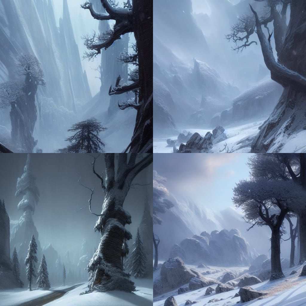 tall oak trees, high mountains covered with snow