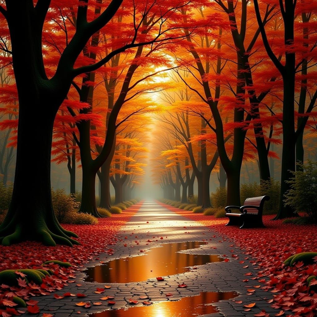 <lora:Autumn Colors:1.0> a cascade of burnt orange maple leaves swirling violently around an abandoned bronze park bench, caught in a sudden...