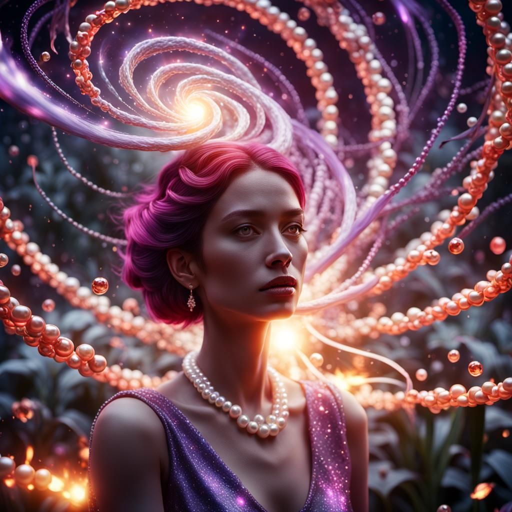 Woman in pearls A galactic vortex with thousands of red, sil...