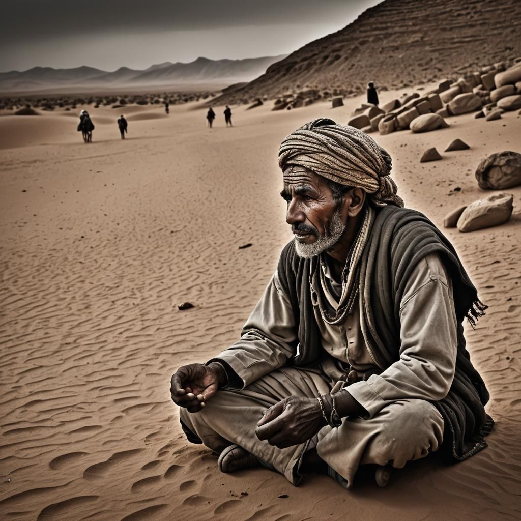 Man in Sahara begging