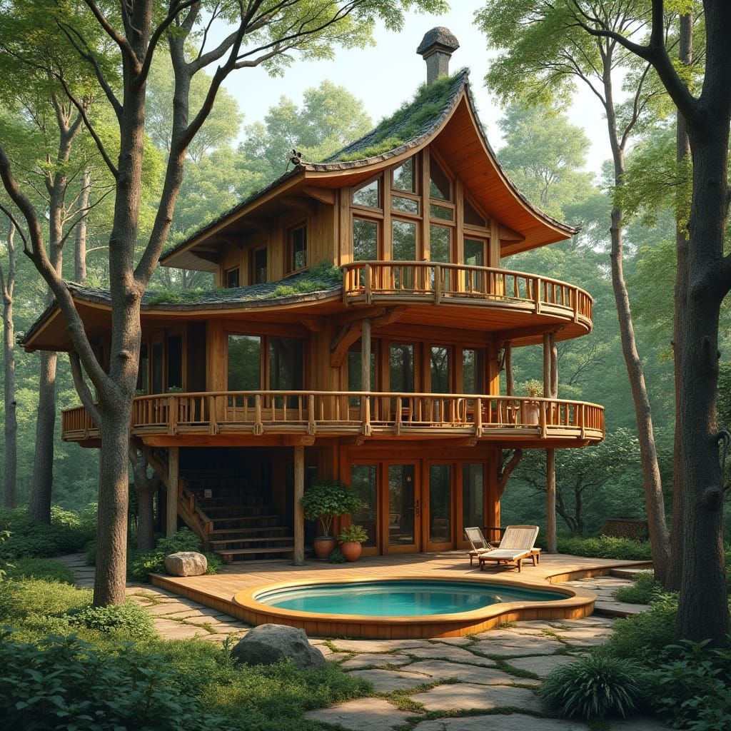 Organic Wooden House Blends into Surrounding Forest