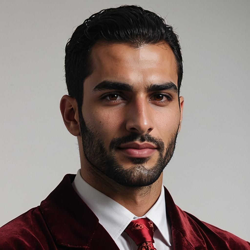 A handsome young Arab with black hair and short trimmed bear...
