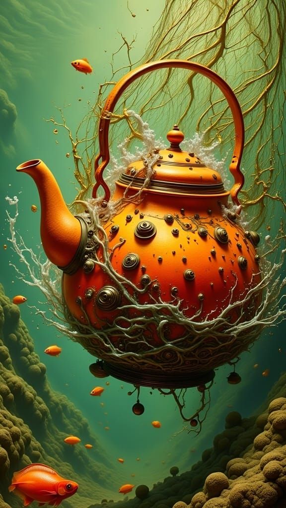 <lora:PandoraBox:1.0> Fish eye lens, Storm Surge on Teapot in Fish Net with Wave Surfing focused Underwater, amber yellow red green, splash...