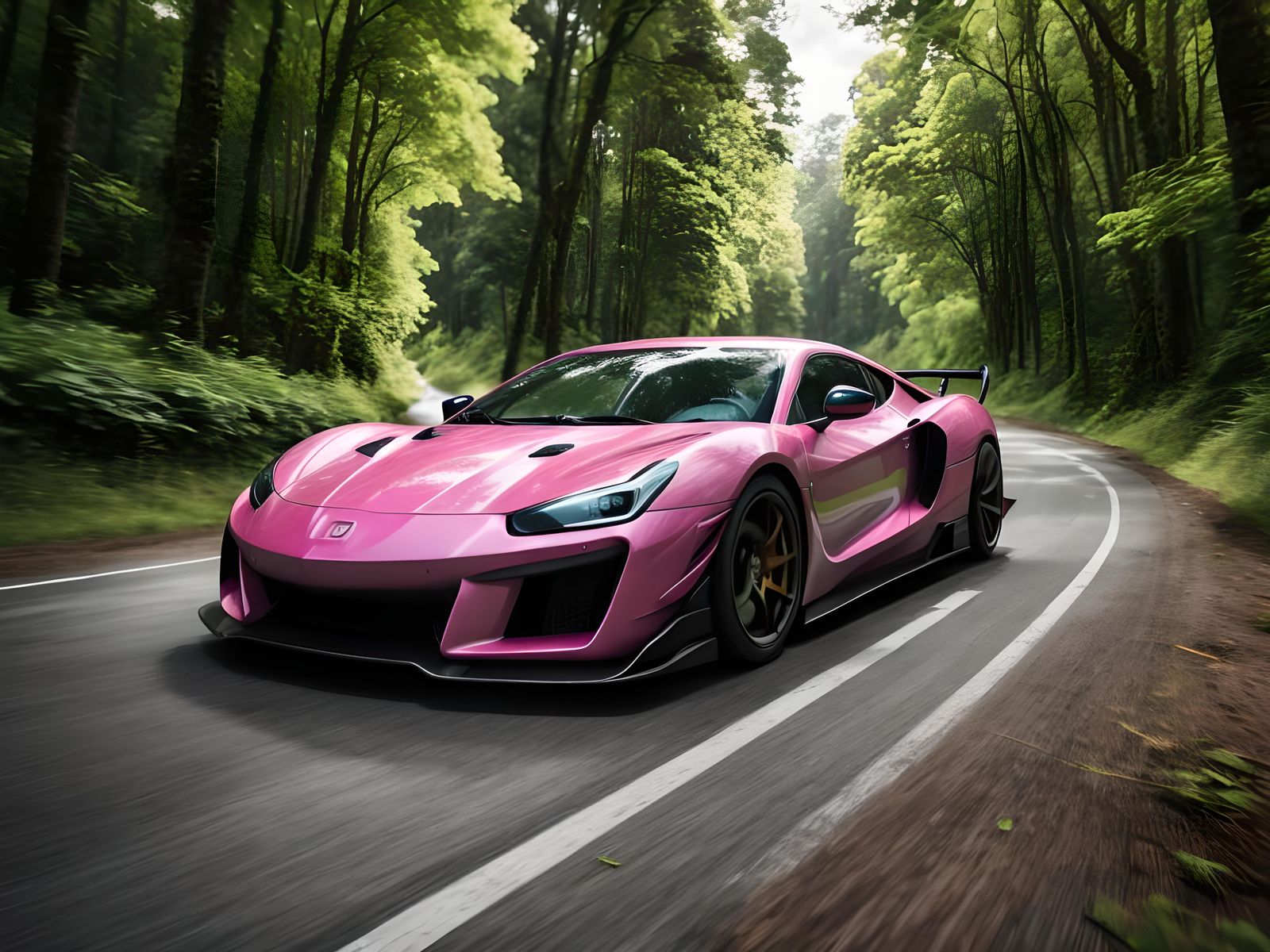 pink supercar on a forest road - AI Generated Artwork - NightCafe Creator